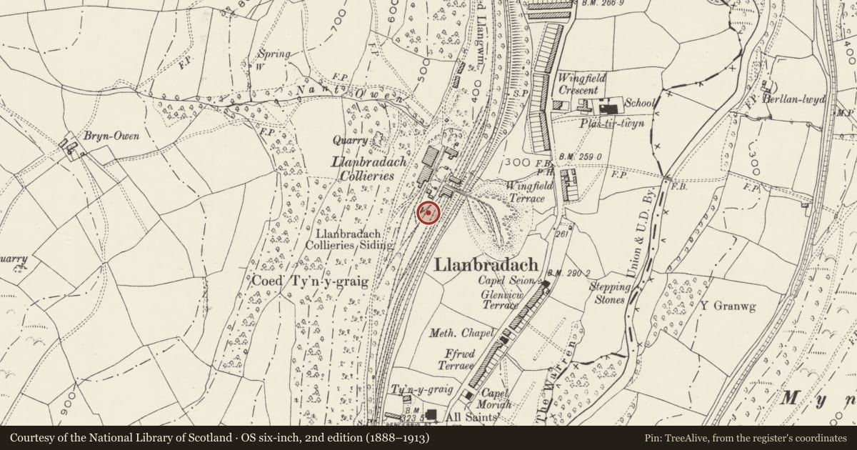 Ordnance Survey six-inch map, 2nd edition (1888–1913) covering the location of Former Llandbradach Colliery workshops range, Llanbradach and Pwllypant, Caerphilly, with a pin at the register's coordinates