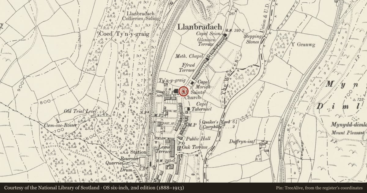 Ordnance Survey six-inch map, 2nd edition (1888–1913) covering the location of Llanbradach War Memorial, Llanbradach and Pwllypant, Caerphilly, with a pin at the register's coordinates