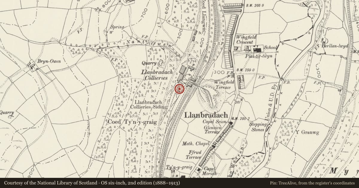Ordnance Survey six-inch map, 2nd edition (1888–1913) covering the location of Former Llanbradach Colliery fan house, Llanbradach and Pwllypant, Caerphilly, with a pin at the register's coordinates
