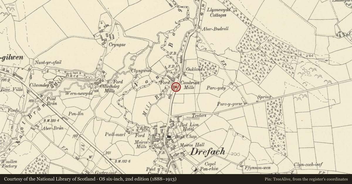 Ordnance Survey six-inch map, 2nd edition (1888–1913) covering the location of Office Building at Museum of Welsh Woollen Industry, Llangeler, Carmarthenshire, with a pin at the register's coordinates