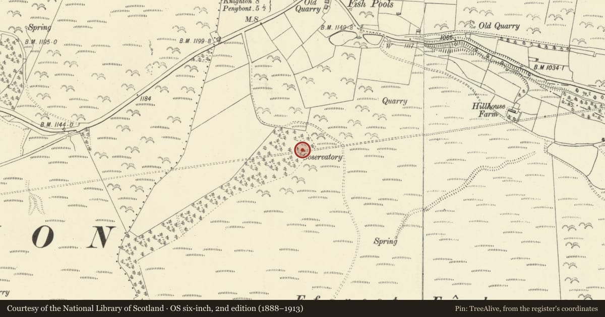 Ordnance Survey six-inch map, 2nd edition (1888–1913) covering the location of Surveying Tower in Forest near Fishpools, Llangunllo, Powys, with a pin at the register's coordinates