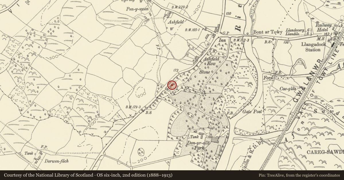 Ordnance Survey six-inch map, 2nd edition (1888–1913) covering the location of Former stables to Danyrallt, Llansadwrn, Carmarthenshire, with a pin at the register's coordinates