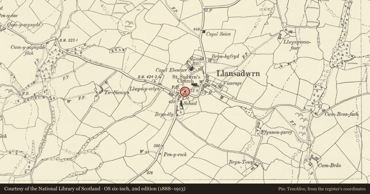 Ordnance Survey six-inch map, 2nd edition (1888–1913) covering the location of The War Memorial, Llansadwrn, Carmarthenshire, with a pin at the register's coordinates