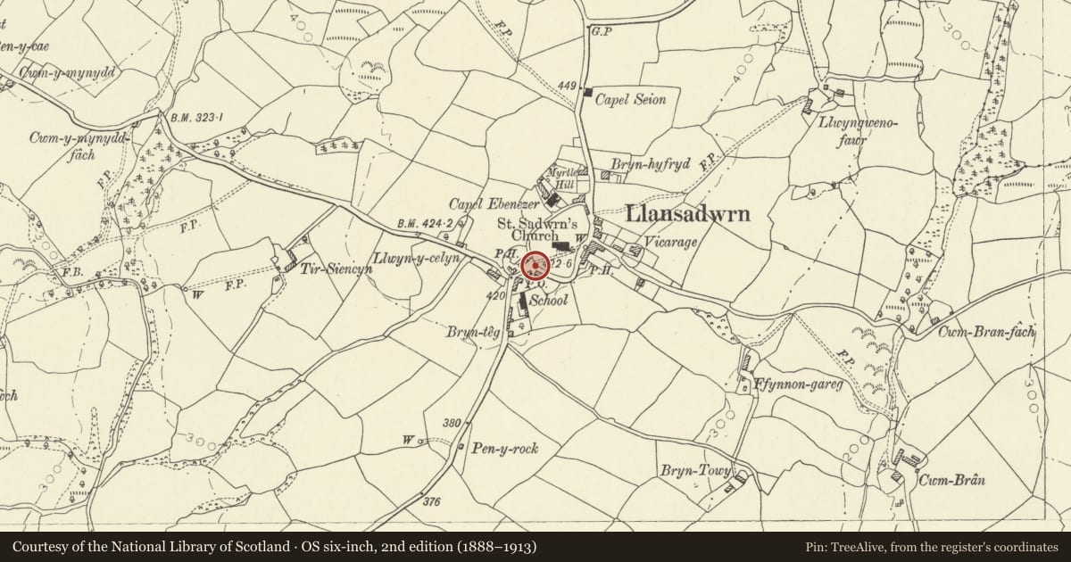 Ordnance Survey six-inch map, 2nd edition (1888–1913) covering the location of The Pound, Llansadwrn, Carmarthenshire, with a pin at the register's coordinates