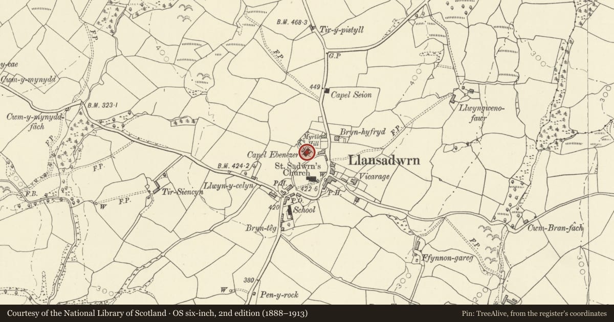 Ordnance Survey six-inch map, 2nd edition (1888–1913) covering the location of Capel Ebenezer, Llansadwrn, Carmarthenshire, with a pin at the register's coordinates