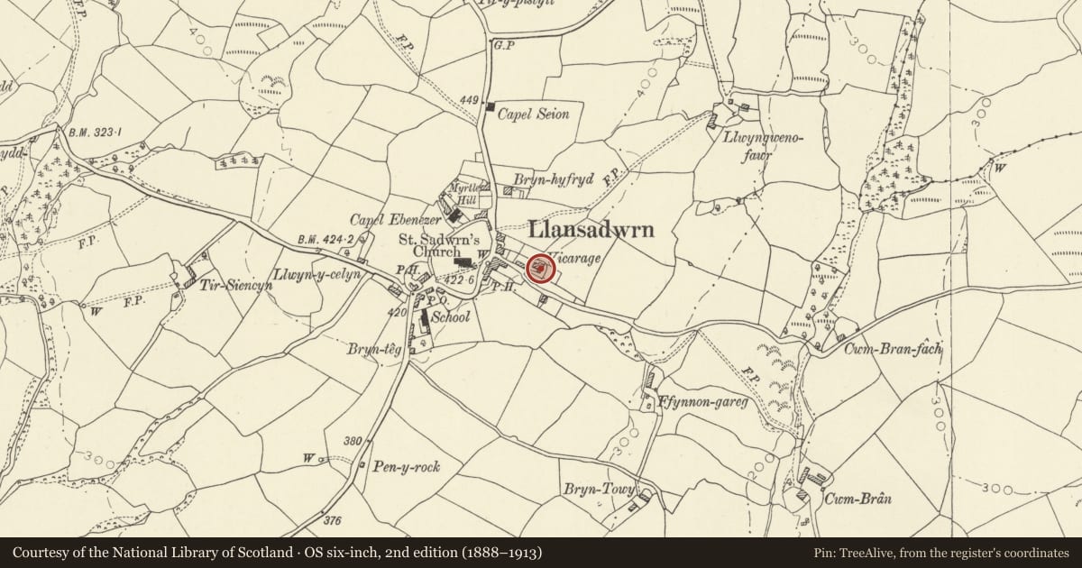 Ordnance Survey six-inch map, 2nd edition (1888–1913) covering the location of The Old Vicarage, Llansadwrn, Carmarthenshire, with a pin at the register's coordinates