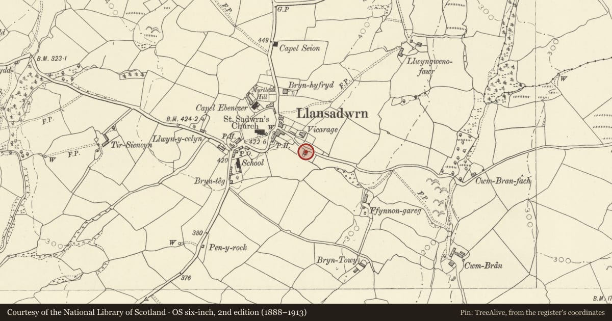 Ordnance Survey six-inch map, 2nd edition (1888–1913) covering the location of Fountain House, Llansadwrn, Carmarthenshire, with a pin at the register's coordinates