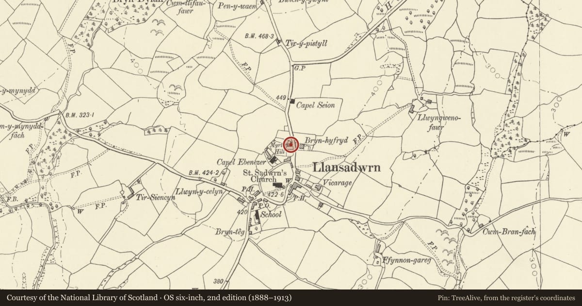 Ordnance Survey six-inch map, 2nd edition (1888–1913) covering the location of Myrtle Hill, Llansadwrn, Carmarthenshire, with a pin at the register's coordinates