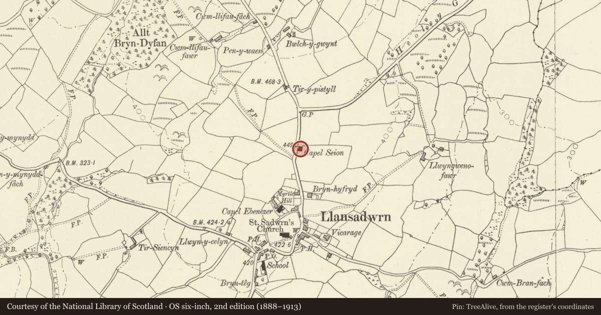 Ordnance Survey six-inch map, 2nd edition (1888–1913) covering the location of Seion, Llansadwrn, Carmarthenshire, with a pin at the register's coordinates