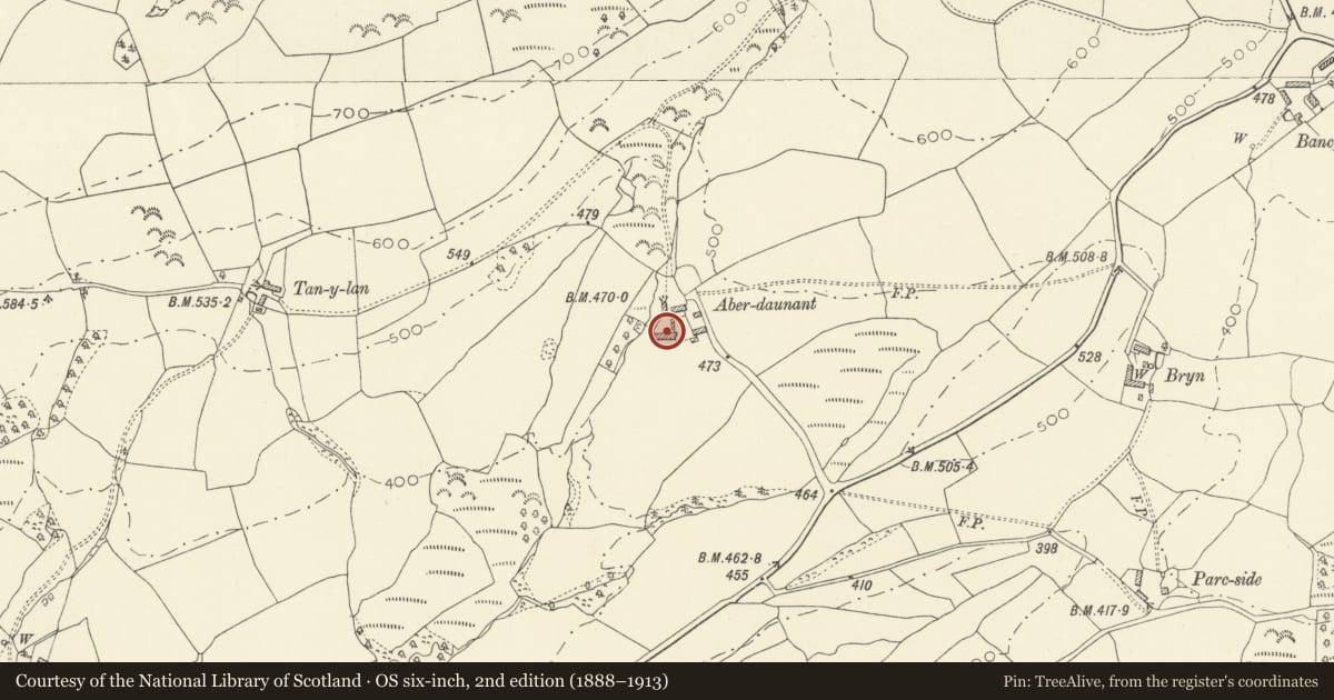 Ordnance Survey six-inch map, 2nd edition (1888–1913) covering the location of Barn range at Aberdeunant, Llansadwrn, Carmarthenshire, with a pin at the register's coordinates
