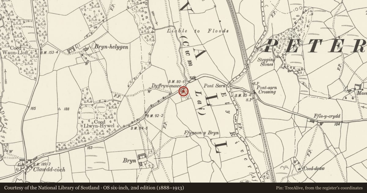 Ordnance Survey six-inch map, 2nd edition (1888–1913) covering the location of Dyffryn Mawr Farmhouse, Pendoylan, Vale of Glamorgan, with a pin at the register's coordinates