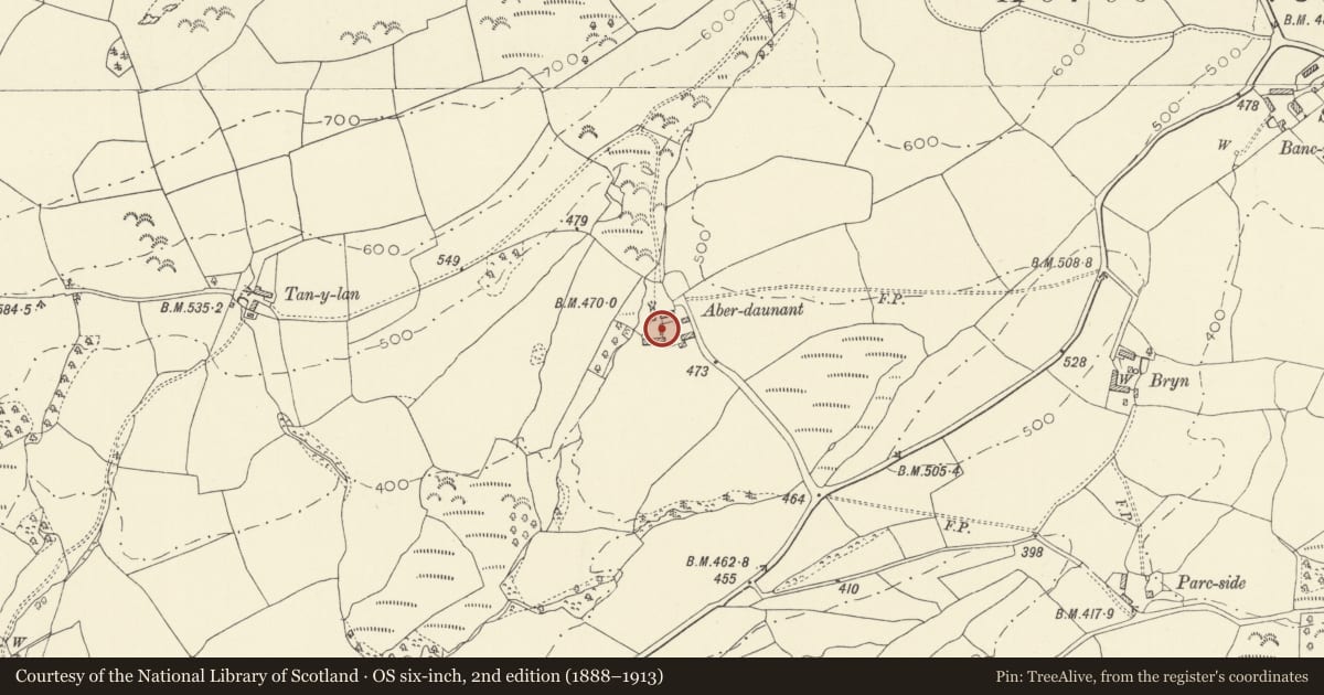Ordnance Survey six-inch map, 2nd edition (1888–1913) covering the location of Outbuilding SW of house at Aberdeunant, Llansadwrn, Carmarthenshire, with a pin at the register's coordinates