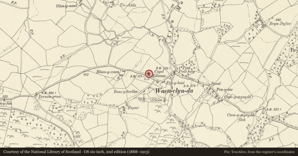 Ordnance Survey six-inch map, 2nd edition (1888–1913) covering the location of Capel Libanus (Baptist Chapel), Llansadwrn, Carmarthenshire, with a pin at the register's coordinates