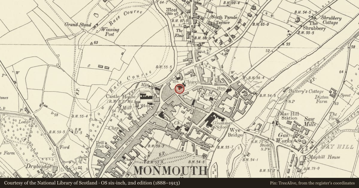 Ordnance Survey six-inch map, 2nd edition (1888–1913) covering the location of Sundial with railings in Churchyard of Church of St. Mary, Monmouth, Monmouthshire, with a pin at the register's coordinates