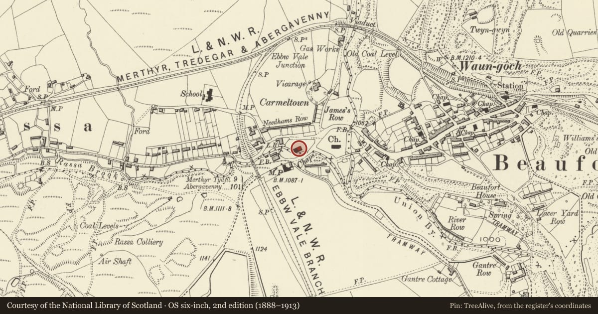 Ordnance Survey six-inch map, 2nd edition (1888–1913) covering the location of Carmel Independent Chapel, Beaufort, Blaenau Gwent, with a pin at the register's coordinates
