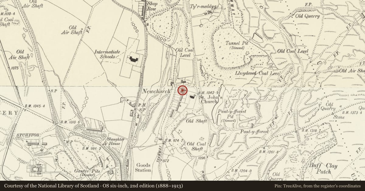 Ordnance Survey six-inch map, 2nd edition (1888–1913) covering the location of Church House, Beaufort, Blaenau Gwent, with a pin at the register's coordinates