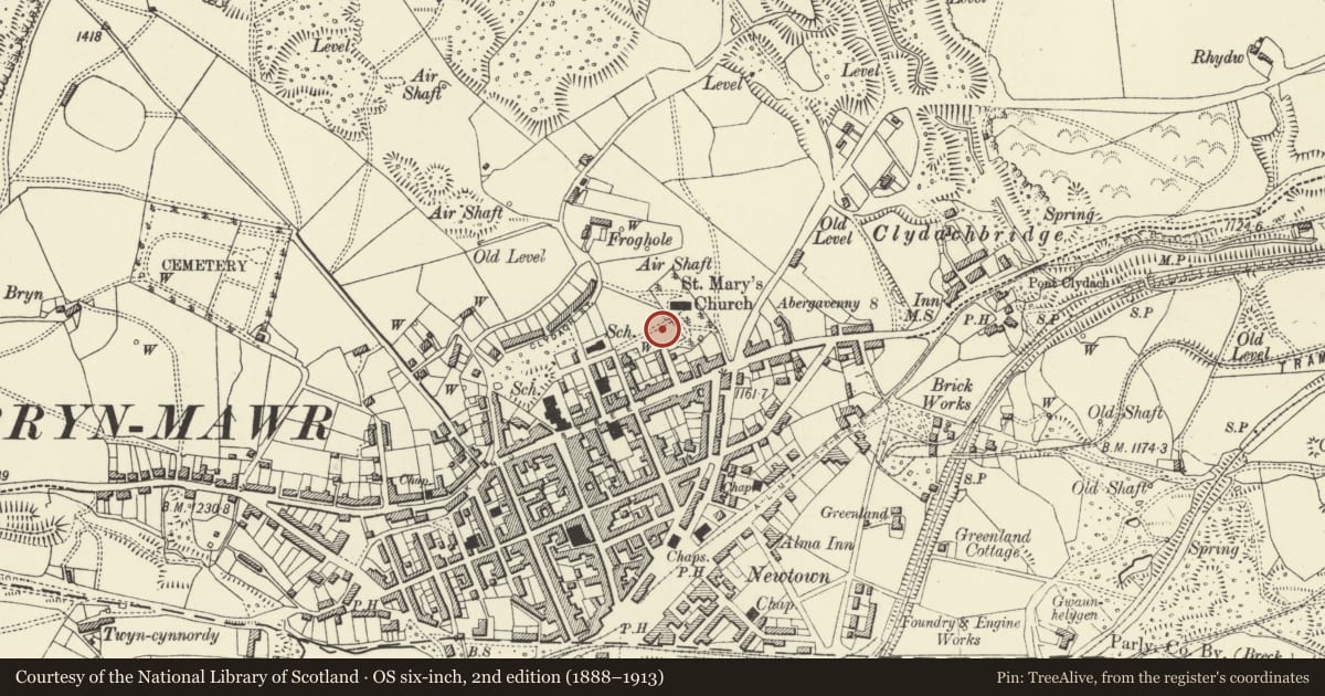 Ordnance Survey six-inch map, 2nd edition (1888–1913) covering the location of The Vicarage, Brynmawr, Blaenau Gwent, with a pin at the register's coordinates