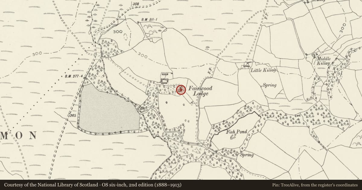 Ordnance Survey six-inch map, 2nd edition (1888–1913) covering the location of Fairwood Lodge, Upper Killay, Swansea, with a pin at the register's coordinates