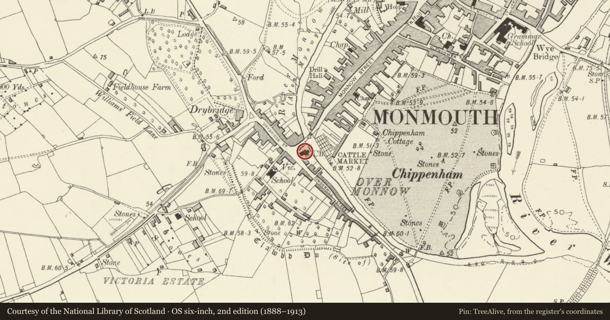 Ordnance Survey six-inch map, 2nd edition (1888–1913) covering the location of Church of St. Thomas a Becket, Monmouth, Monmouthshire, with a pin at the register's coordinates