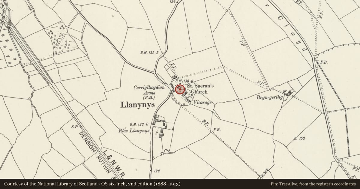 Ordnance Survey six-inch map, 2nd edition (1888–1913) covering the location of Chest Tomb at the Church of St Saeran, Llanynys, Denbighshire, with a pin at the register's coordinates