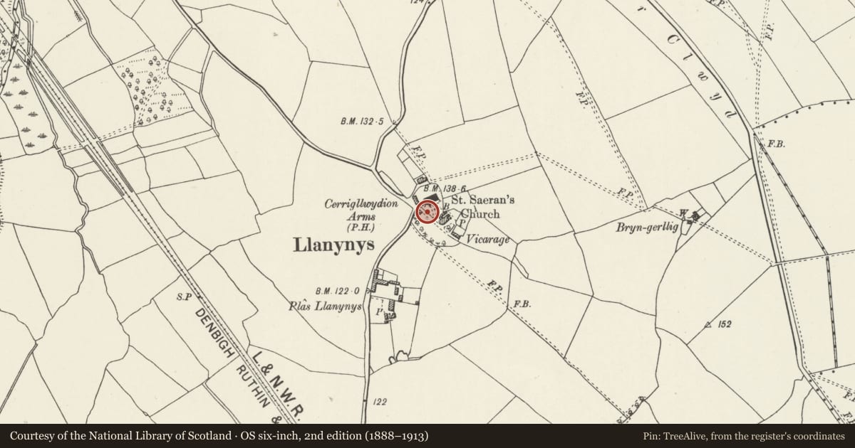Ordnance Survey six-inch map, 2nd edition (1888–1913) covering the location of Pair of Heraldic Chest Tombs at the Church of St Saeran, Llanynys, Denbighshire, with a pin at the register's coordinates
