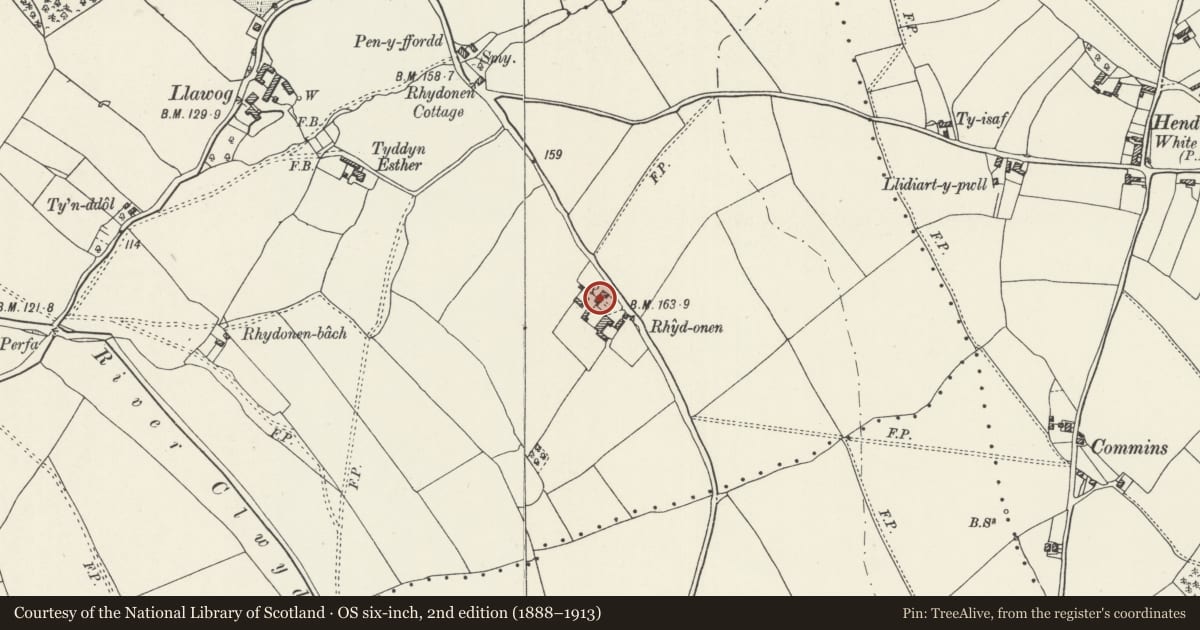 Ordnance Survey six-inch map, 2nd edition (1888–1913) covering the location of Rhydonen, Llanynys, Denbighshire, with a pin at the register's coordinates