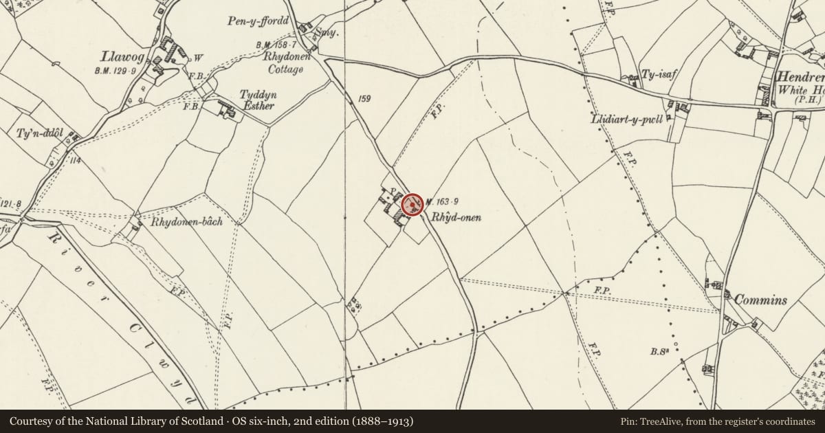 Ordnance Survey six-inch map, 2nd edition (1888–1913) covering the location of Gatepiers and Forecourt Walls at Rhydonen, Llanynys, Denbighshire, with a pin at the register's coordinates