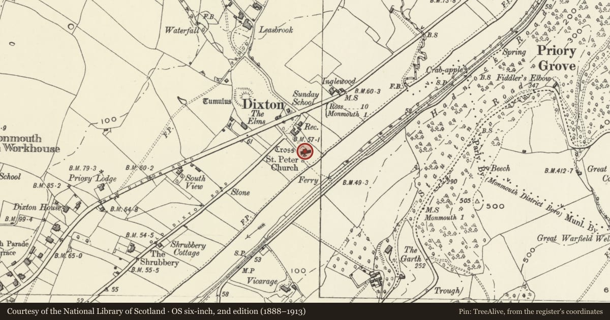 Ordnance Survey six-inch map, 2nd edition (1888–1913) covering the location of Church of St. Peter, Monmouth, Monmouthshire, with a pin at the register's coordinates