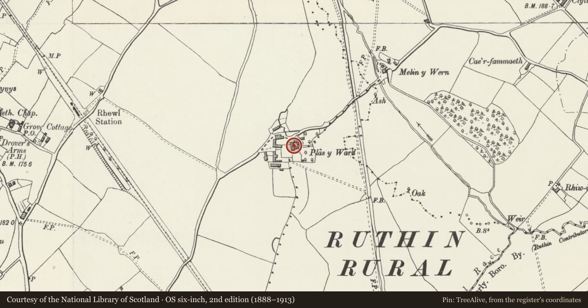 Ordnance Survey six-inch map, 2nd edition (1888–1913) covering the location of Plas-y-Ward, Llanynys, Denbighshire, with a pin at the register's coordinates