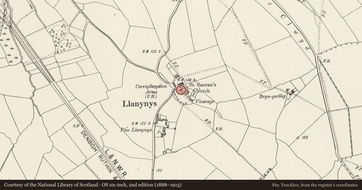 Ordnance Survey six-inch map, 2nd edition (1888–1913) covering the location of Child's Chest Tomb at Church of St Saeran, Llanynys, Denbighshire, with a pin at the register's coordinates