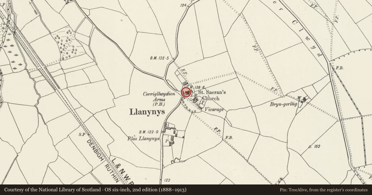 Ordnance Survey six-inch map, 2nd edition (1888–1913) covering the location of Pair of Chest Tombs at the Church of St Saeran, Llanynys, Denbighshire, with a pin at the register's coordinates