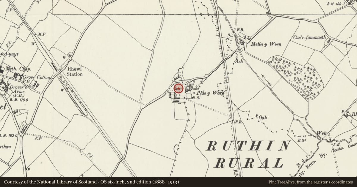 Ordnance Survey six-inch map, 2nd edition (1888–1913) covering the location of Barn at Plas-y-Ward, Llanynys, Denbighshire, with a pin at the register's coordinates