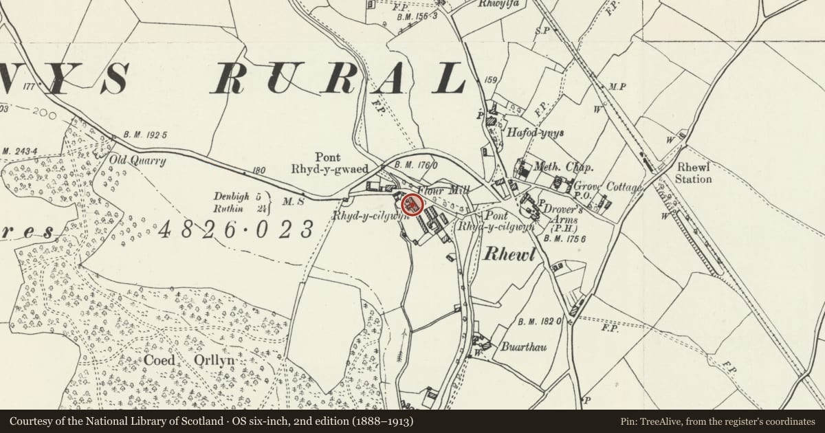 Ordnance Survey six-inch map, 2nd edition (1888–1913) covering the location of Rhyd-y-Cilgwyn, Llanynys, Denbighshire, with a pin at the register's coordinates