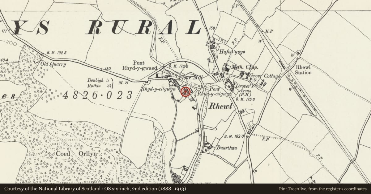 Ordnance Survey six-inch map, 2nd edition (1888–1913) covering the location of Agricultural Complex at Rhyd-y-Cilgwyn, Llanynys, Denbighshire, with a pin at the register's coordinates