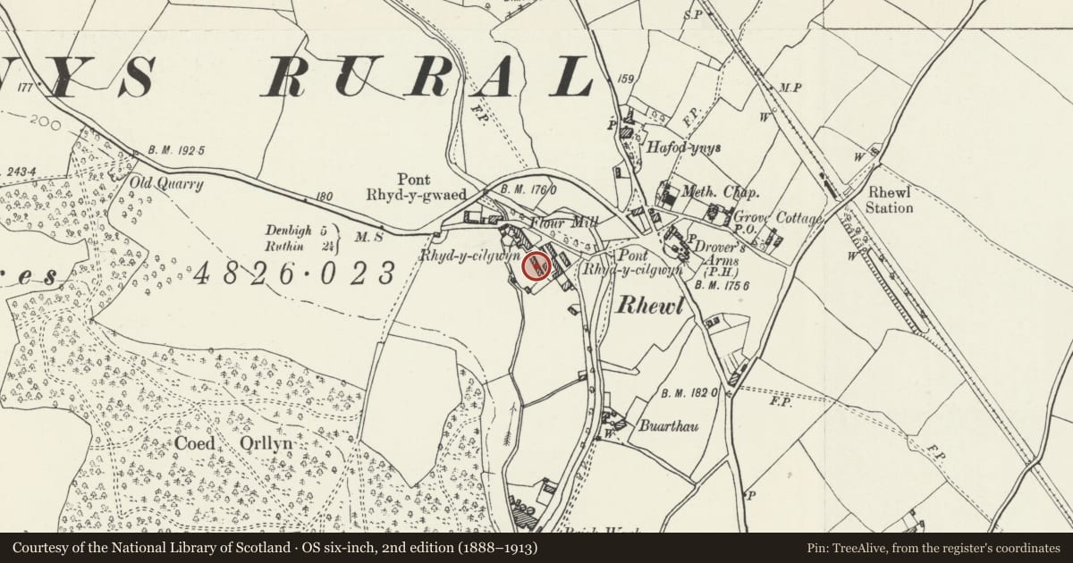 Ordnance Survey six-inch map, 2nd edition (1888–1913) covering the location of Former Stable and Carthouse Range at Rhyd-y-Cilgwyn, Llanynys, Denbighshire, with a pin at the register's coordinates