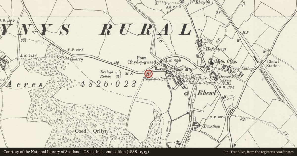 Ordnance Survey six-inch map, 2nd edition (1888–1913) covering the location of Rhyd-y-Cilgwyn Lodge, Llanynys, Denbighshire, with a pin at the register's coordinates