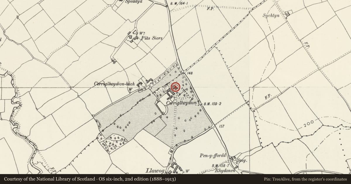 Ordnance Survey six-inch map, 2nd edition (1888–1913) covering the location of Cerrigllwydion Hall, Llanynys, Denbighshire, with a pin at the register's coordinates