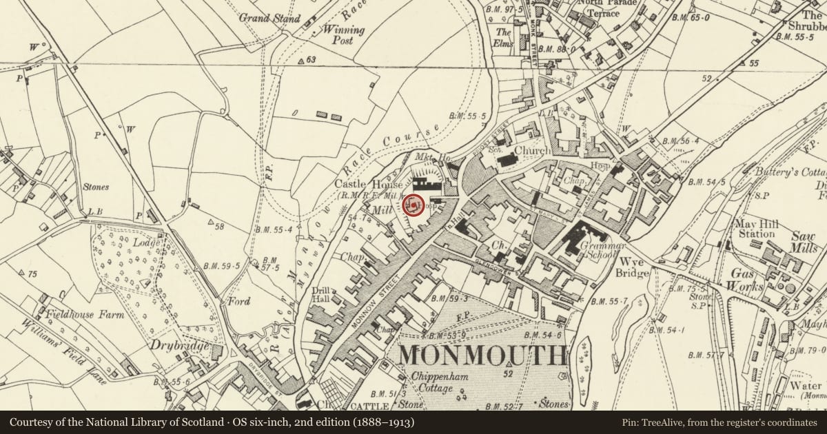 Ordnance Survey six-inch map, 2nd edition (1888–1913) covering the location of Monmouth Castle, Monmouthshire, with a pin at the register's coordinates