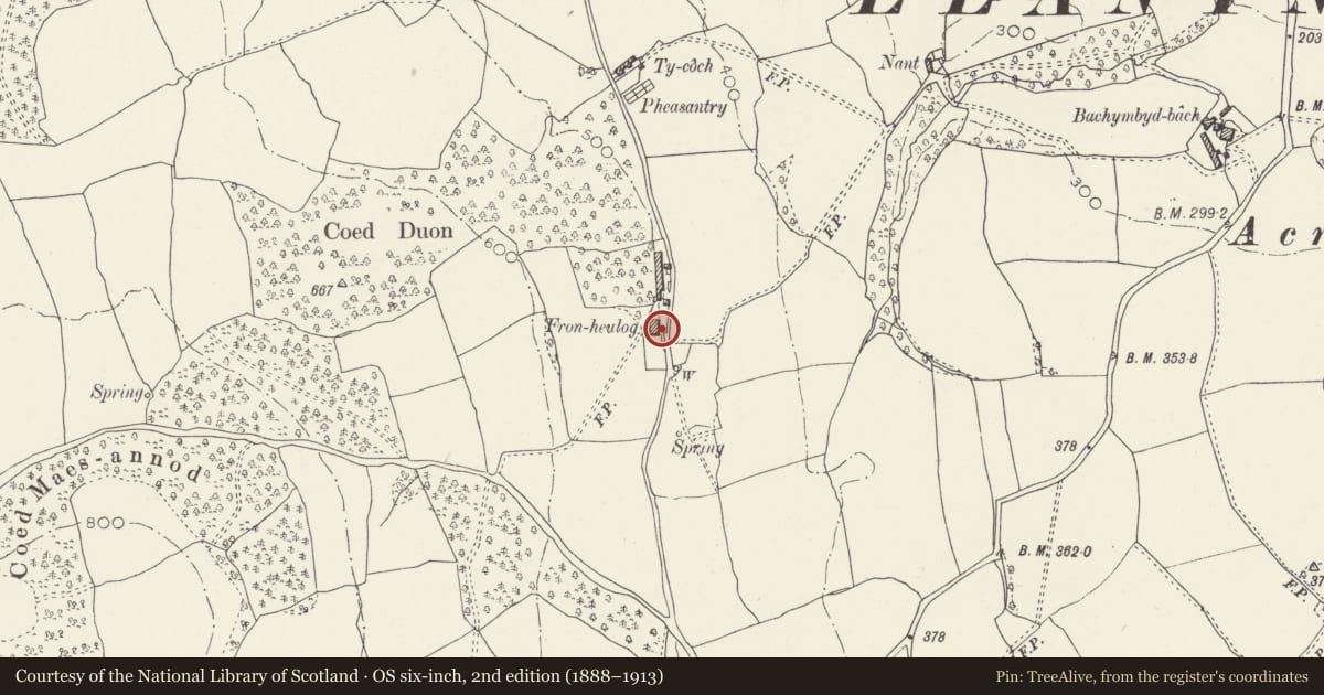 Ordnance Survey six-inch map, 2nd edition (1888–1913) covering the location of Fron Heulog, Llanynys, Denbighshire, with a pin at the register's coordinates