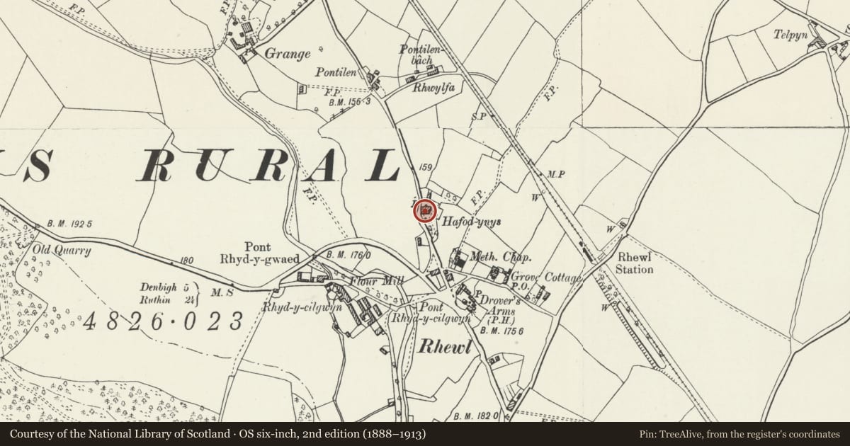 Ordnance Survey six-inch map, 2nd edition (1888–1913) covering the location of Hafodynys, Llanynys, Denbighshire, with a pin at the register's coordinates