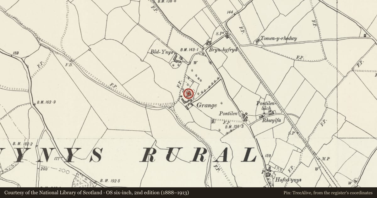 Ordnance Survey six-inch map, 2nd edition (1888–1913) covering the location of The Grange, Llanynys, Denbighshire, with a pin at the register's coordinates