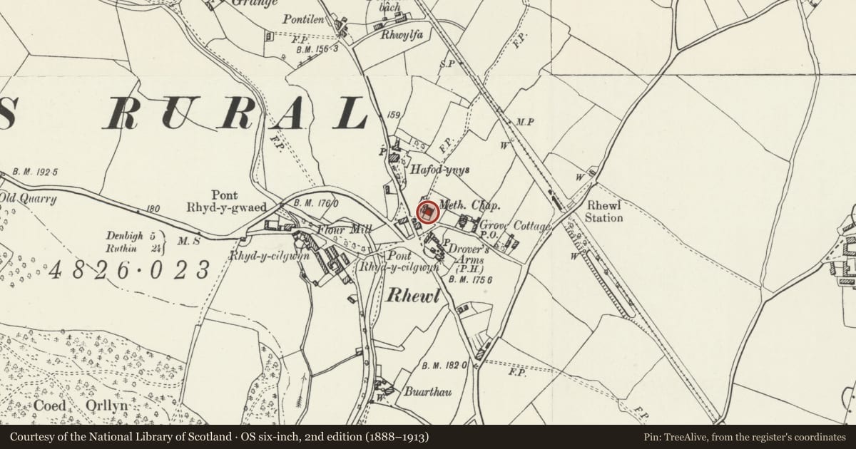 Ordnance Survey six-inch map, 2nd edition (1888–1913) covering the location of Rhewl Chapel and Manse, Llanynys, Denbighshire, with a pin at the register's coordinates