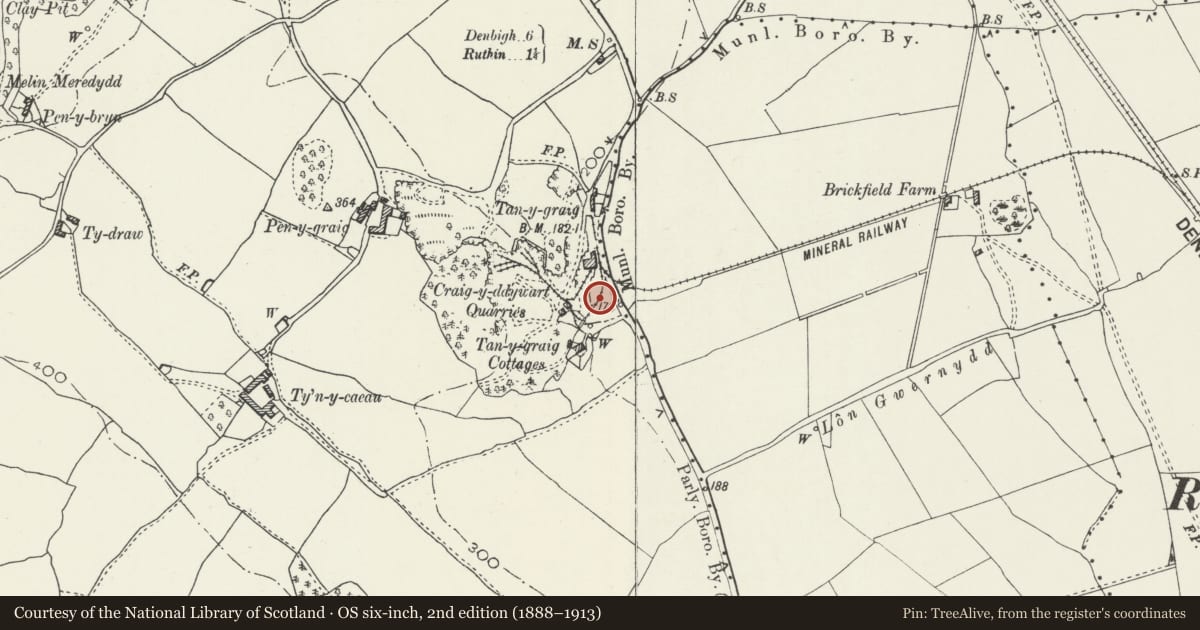 Ordnance Survey six-inch map, 2nd edition (1888–1913) covering the location of Limekiln Group, Llanynys, Denbighshire, with a pin at the register's coordinates