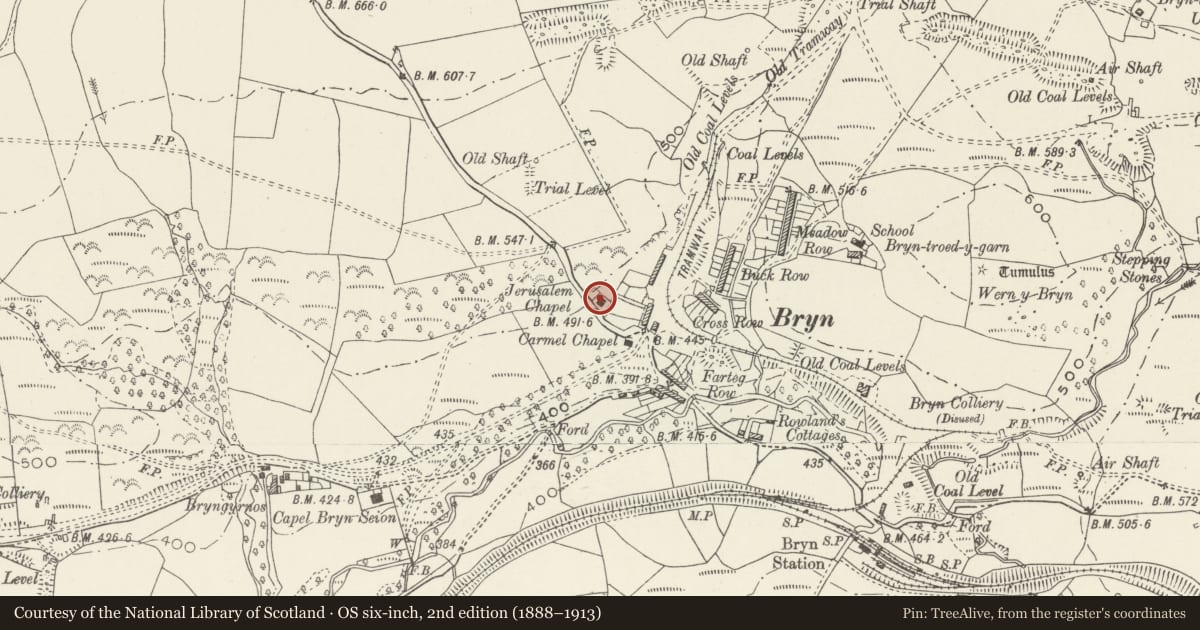 Ordnance Survey six-inch map, 2nd edition (1888–1913) covering the location of Jerusalem Baptist Chapel, Bryn, Neath Port Talbot, with a pin at the register's coordinates