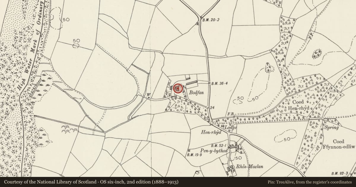 Ordnance Survey six-inch map, 2nd edition (1888–1913) covering the location of Bodfan Farmhouse, Llandwrog, Gwynedd, with a pin at the register's coordinates