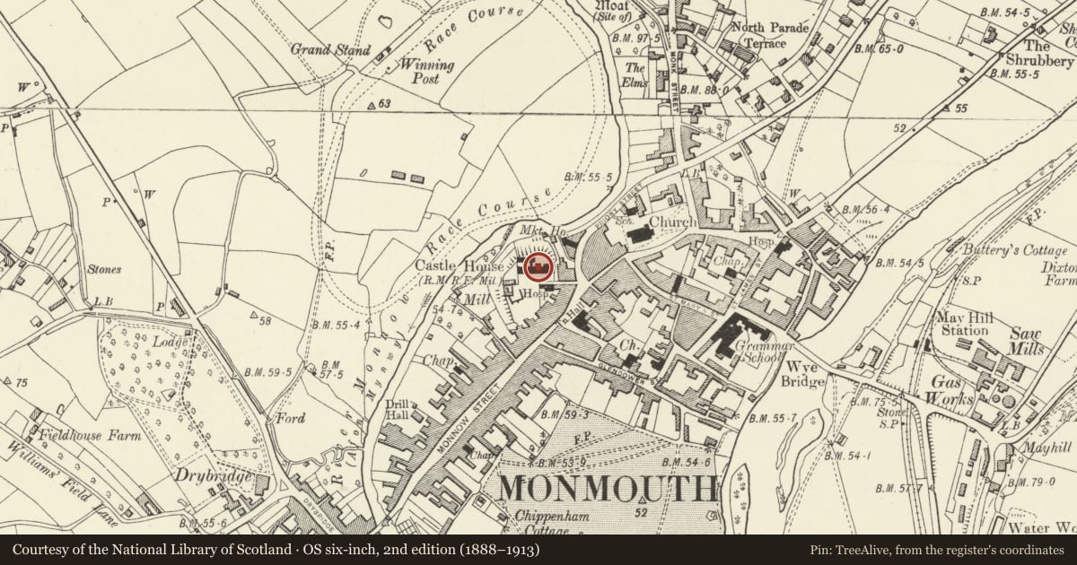 Ordnance Survey six-inch map, 2nd edition (1888–1913) covering the location of Great Castle House, Monmouth, Monmouthshire, with a pin at the register's coordinates