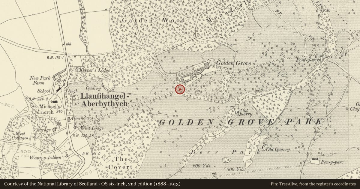 Ordnance Survey six-inch map, 2nd edition (1888–1913) covering the location of Golden Grove Inner West Gate, Llanfihangel Aberbythych, Carmarthenshire, with a pin at the register's coordinates