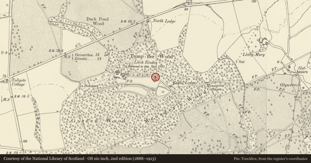 Ordnance Survey six-inch map, 2nd edition (1888–1913) covering the location of Garden Wall of the Former Mansion, Llanfihangel Aberbythych, Carmarthenshire, with a pin at the register's coordinates