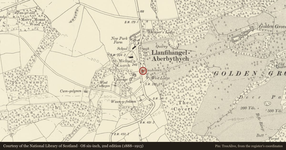 Ordnance Survey six-inch map, 2nd edition (1888–1913) covering the location of April Cottage, formerly the Almshouses, Llanfihangel Aberbythych, Carmarthenshire, with a pin at the register's coordinates