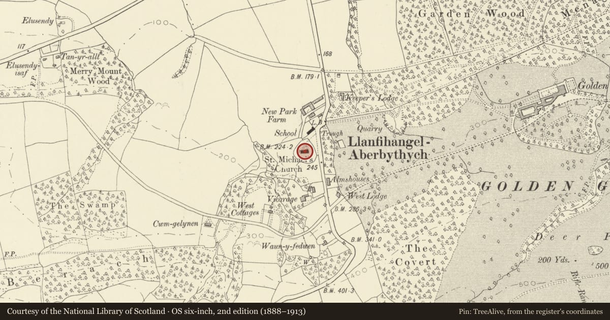 Ordnance Survey six-inch map, 2nd edition (1888–1913) covering the location of Church of St Michael, Llanfihangel Aberbythych, Carmarthenshire, with a pin at the register's coordinates